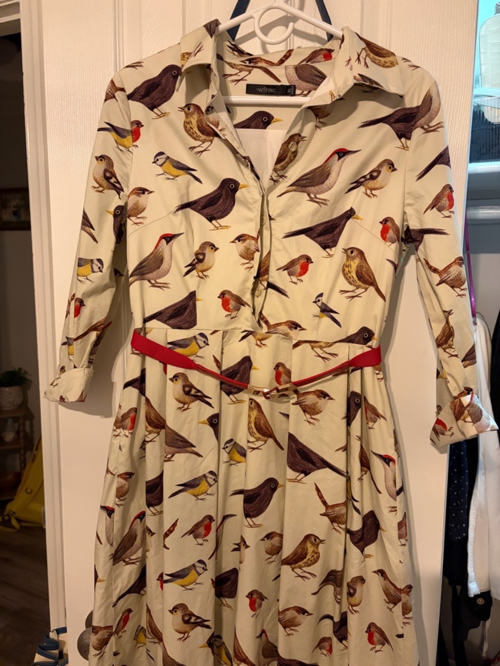 Shirt Midi Dress with Bird Print and Red Belt